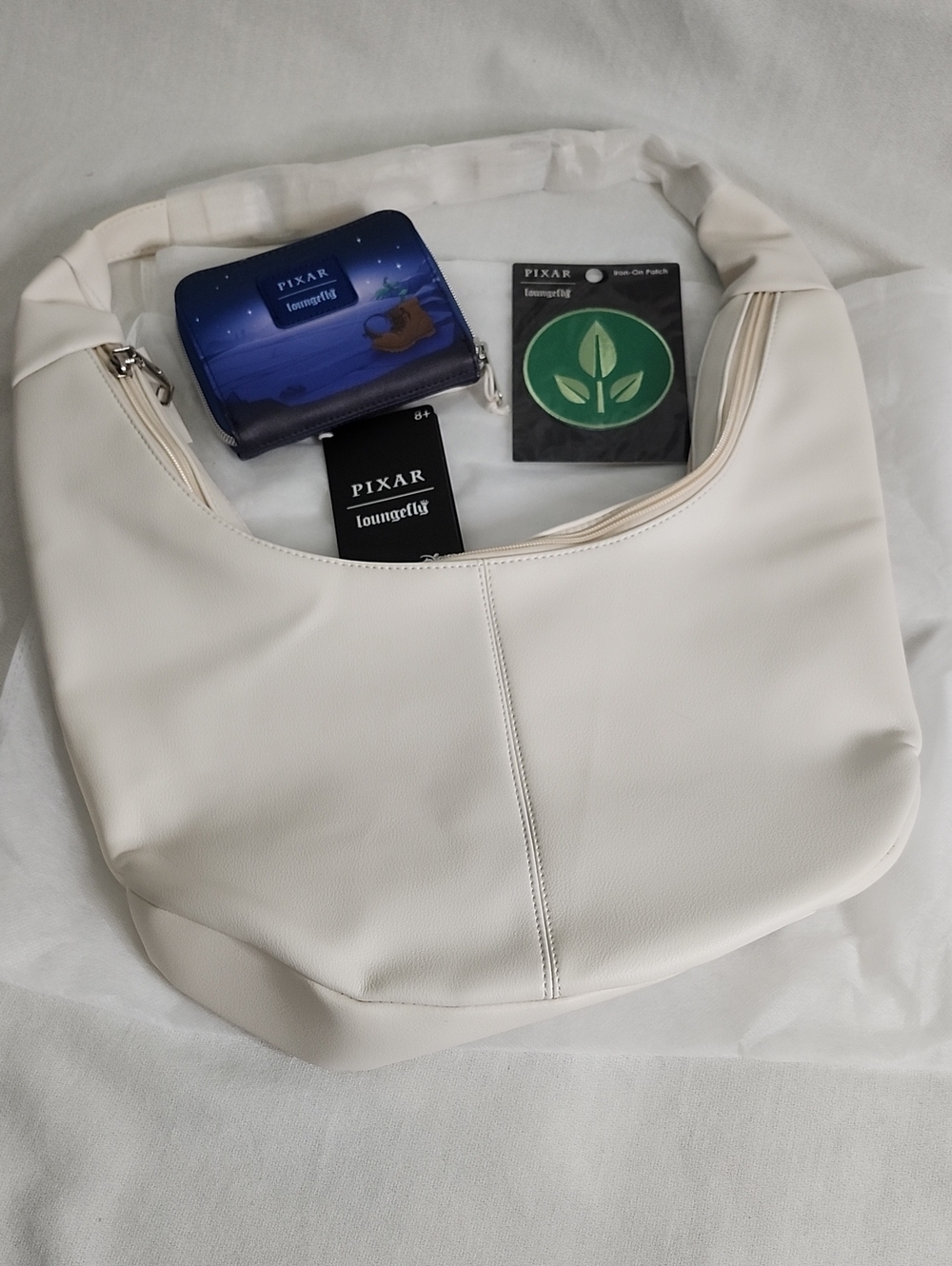 Loungefly Pixar "Wall E" Wallet, Iron On Patch w/ Cream Shoulder Hobo Bag